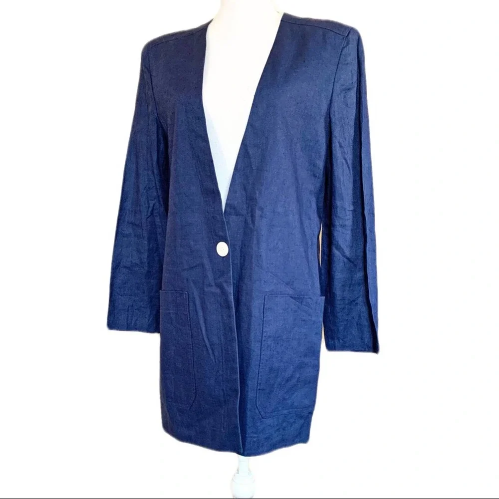 Vintage Christian Dior Blue Linen Long Blazer Jacket 12 lagenlook patch pockets